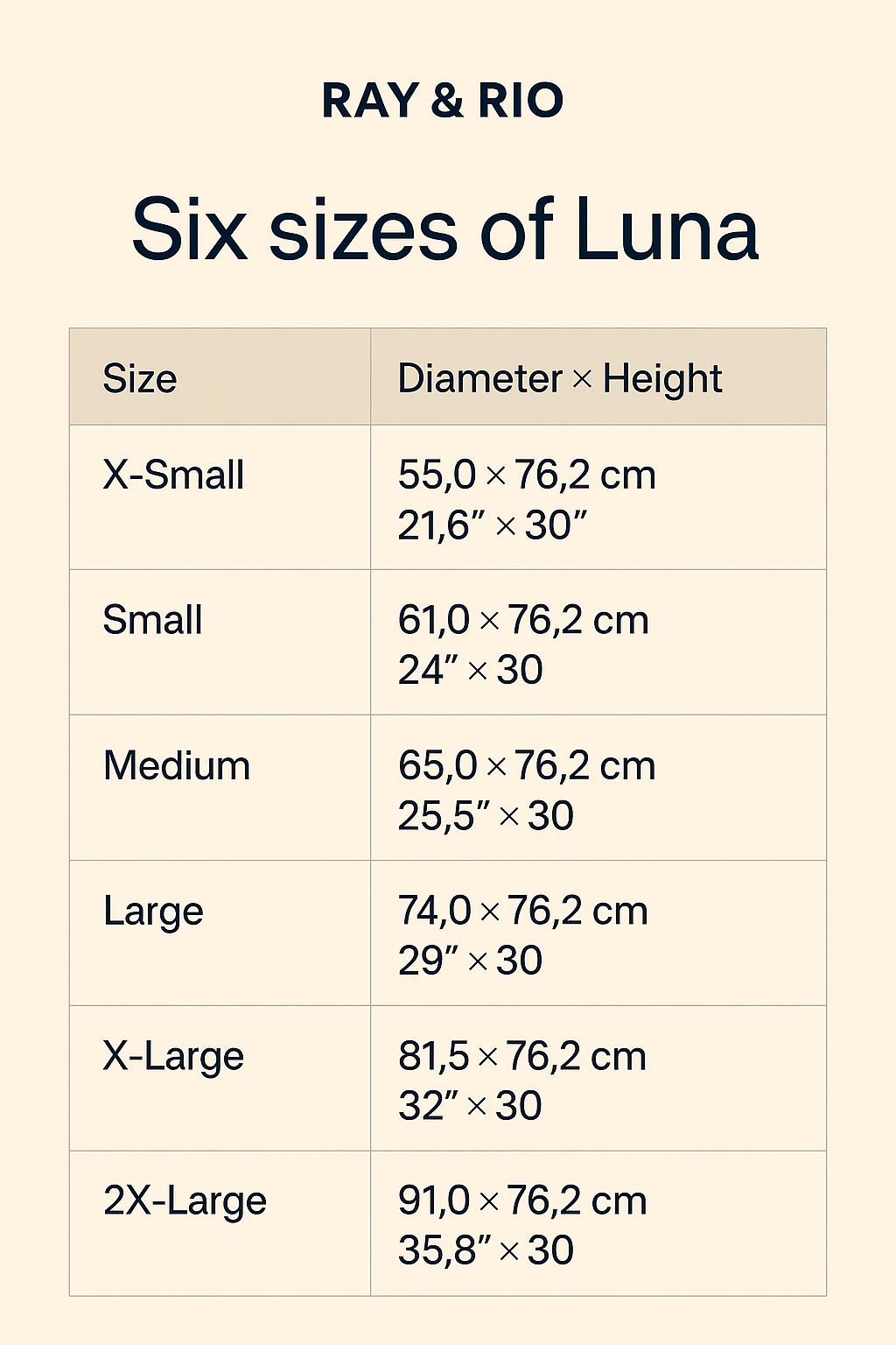 size guide of a round wooden table. 6 sizes, six sizes, sechs grössen