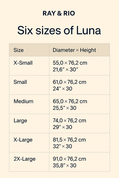 size guide of a round wooden table. 6 sizes, six sizes, sechs grössen