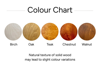 colour chart with five colours in birch, oak, teak, chestnut, walnut