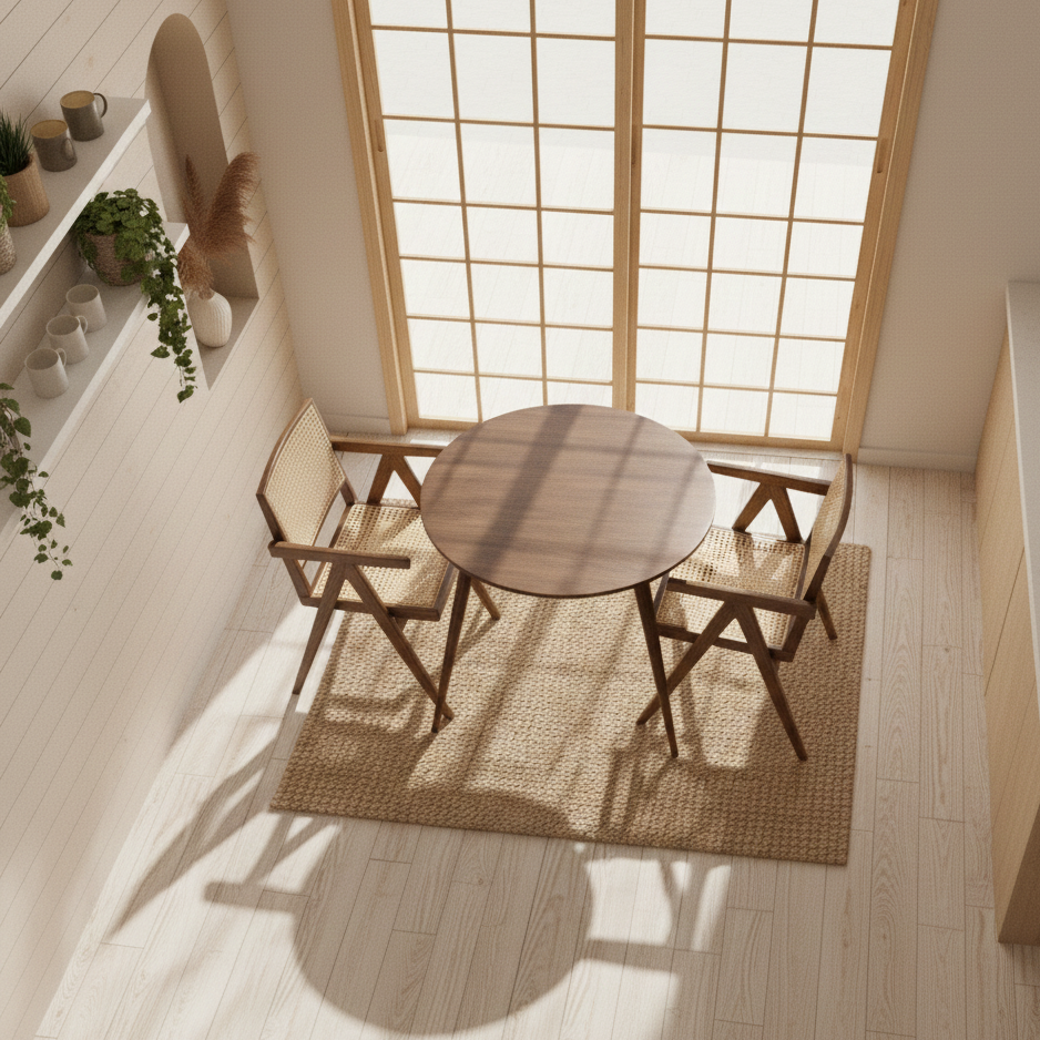Small round wooden table with chairs in a room with large windows and wooden flooring.