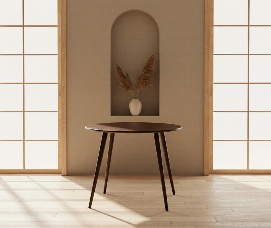 Minimalist interior with a round wooden table and decorative vase against a beige wall. japandi, scandinavian design