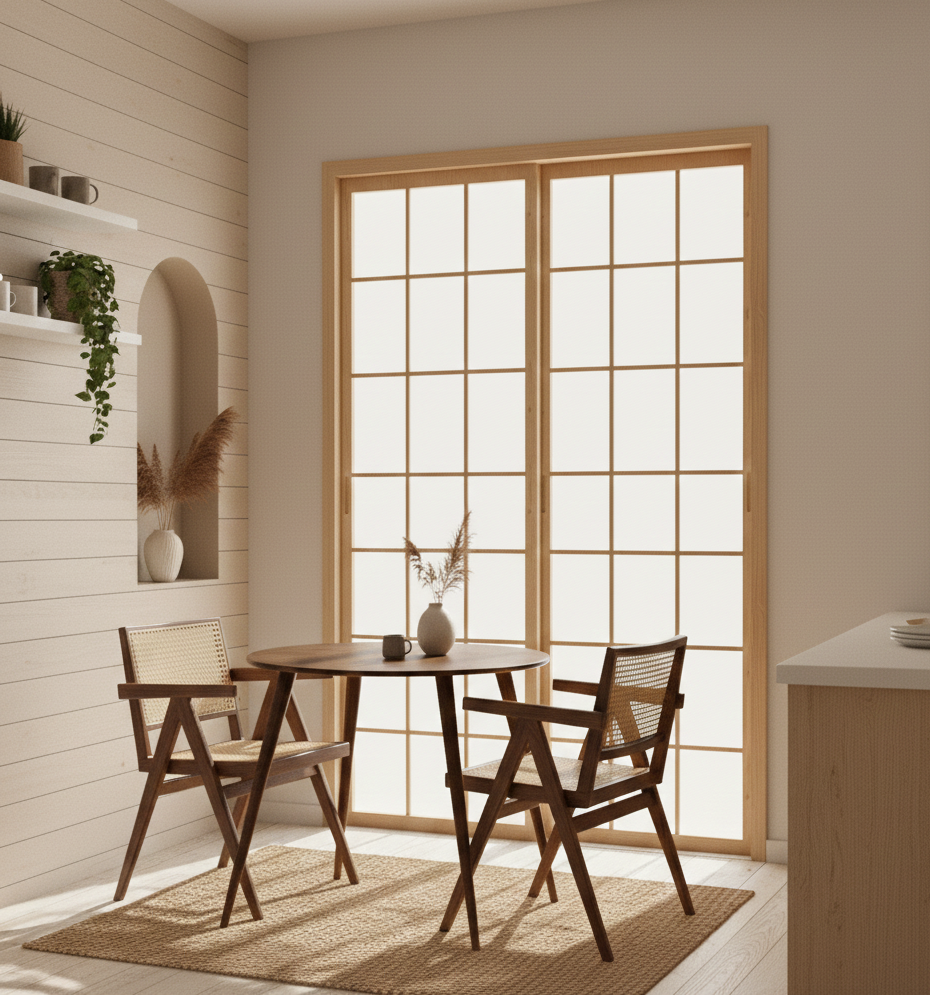 Dining area with a small round wooden table and chairs in a room with large windows. round wooden table, small, oak, walnut, teak, birch, chestnut